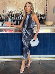 AX Paris Marble Print Halter Neck Ruched Mesh Midi Black Dress - Image 2 of 5