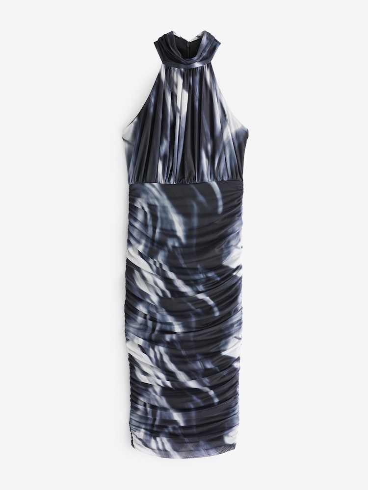 AX Paris Marble Print Halter Neck Ruched Mesh Midi Black Dress - Image 5 of 5