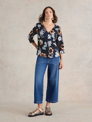 White Stuff Navy Print Rae Organic Cotton Top - Image 1 of 6