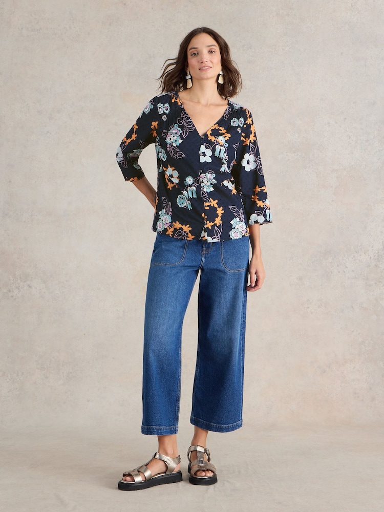 White Stuff Navy Print Rae Organic Cotton Top - Image 1 of 6