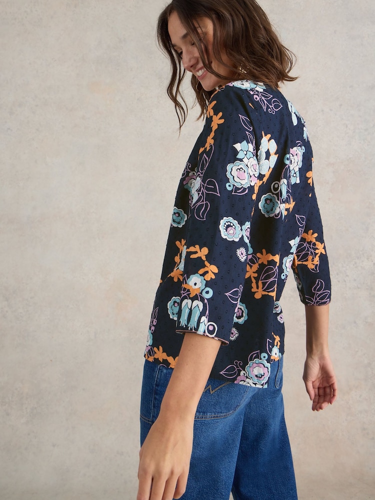 White Stuff Navy Print Rae Organic Cotton Top - Image 2 of 6