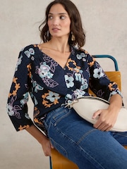 White Stuff Navy Print Rae Organic Cotton Top - Image 3 of 6