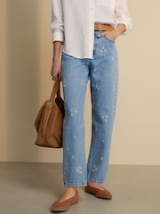 Embroidered Floral Blue 100% Cotton Column Mom Jeans - Image 1 of 8