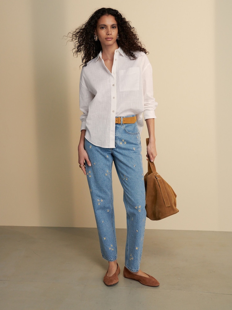 Embroidered Floral Blue 100% Cotton Column Mom Jeans - Image 2 of 8