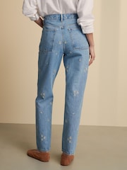 Embroidered Floral Blue 100% Cotton Column Mom Jeans - Image 3 of 8