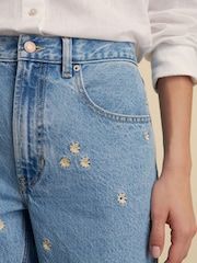 Embroidered Floral Blue 100% Cotton Column Mom Jeans - Image 4 of 8