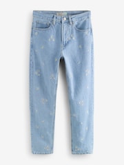 Embroidered Floral Blue 100% Cotton Column Mom Jeans - Image 6 of 8