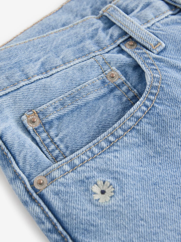 Embroidered Floral Blue 100% Cotton Column Mom Jeans - Image 8 of 8