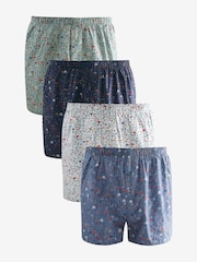 Blue/White/Green Floral 4 pack Woven Pure 100% Cotton Boxers - Image 1 of 8