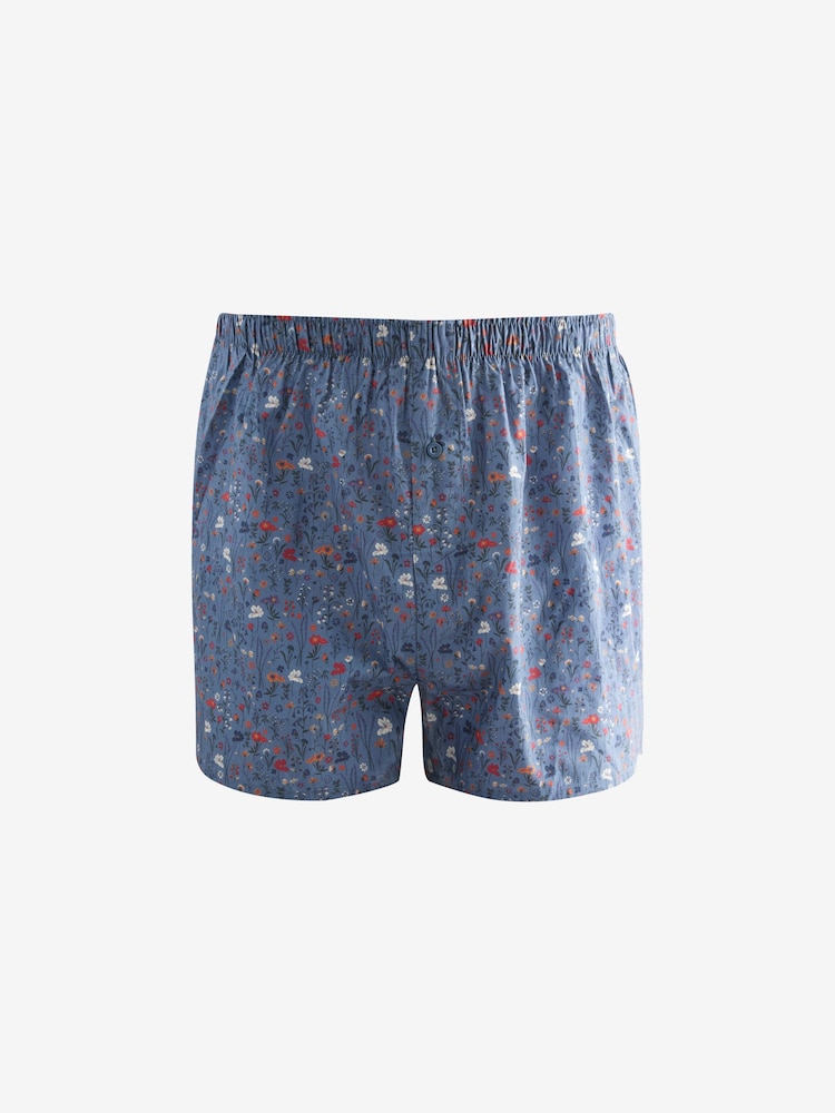 Blue/White/Green Floral 4 pack Woven Pure 100% Cotton Boxers - Image 3 of 8