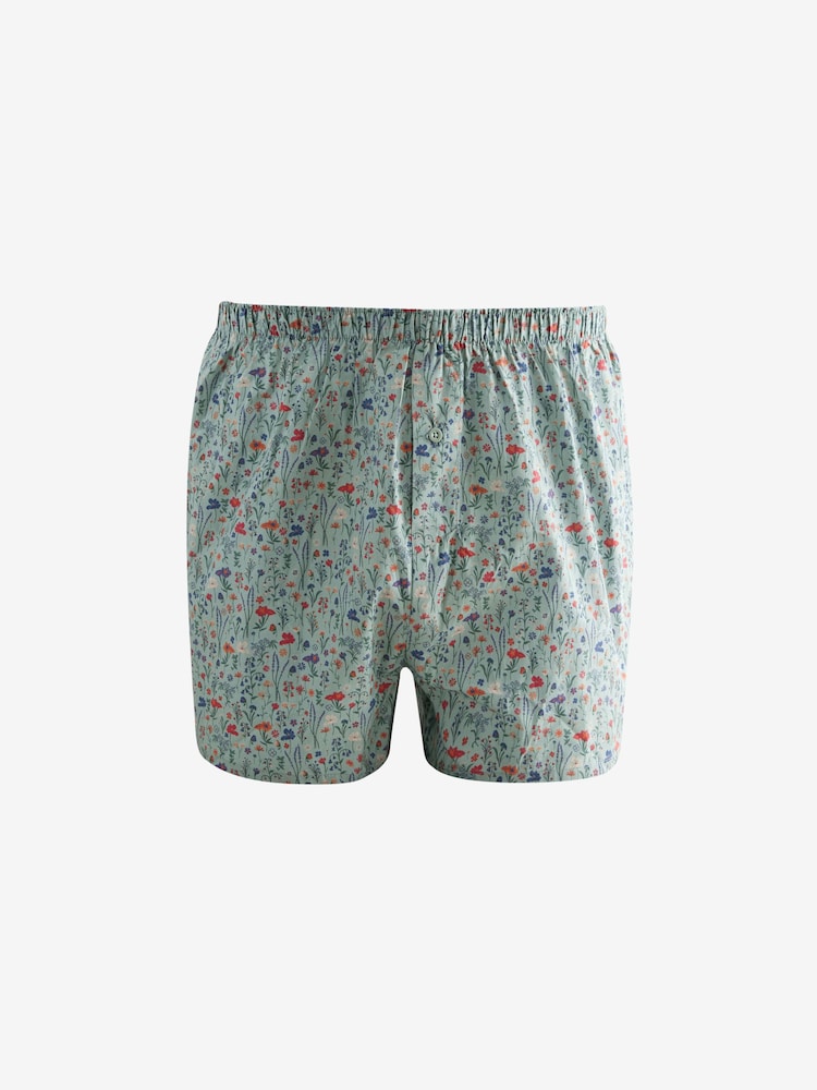 Blue/White/Green Floral 4 pack Woven Pure 100% Cotton Boxers - Image 4 of 8