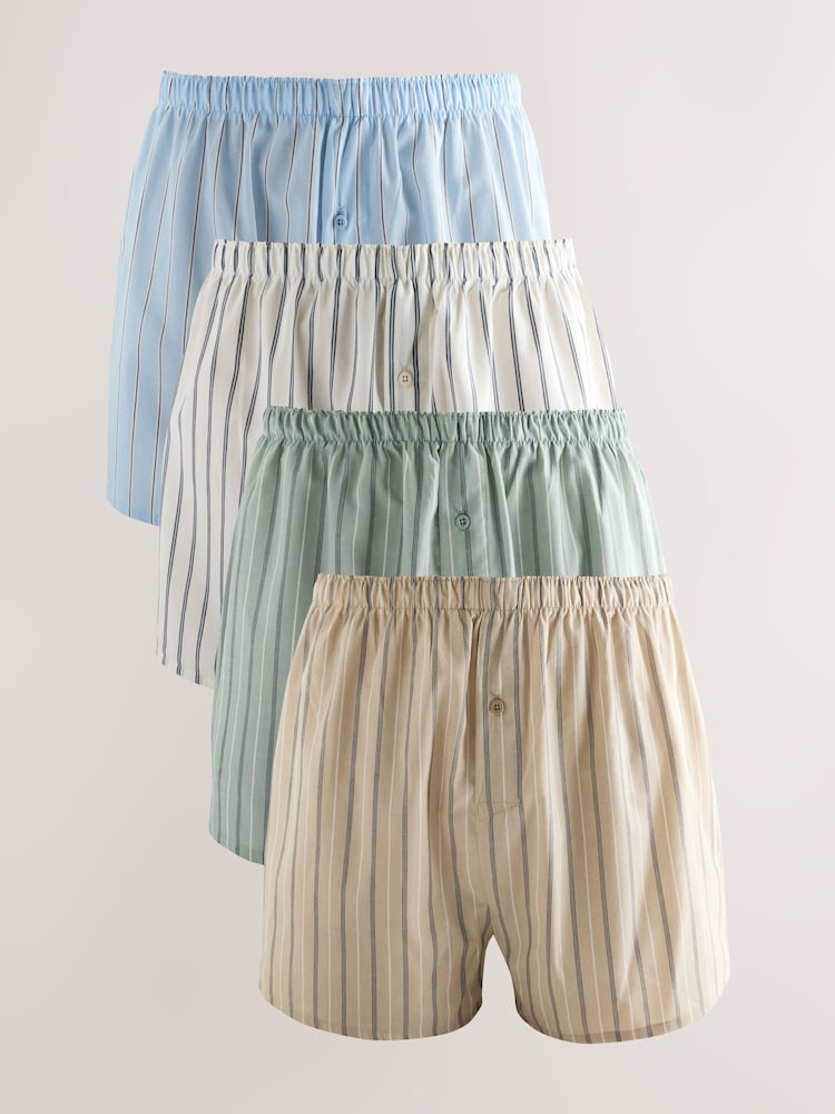Blue Green Stripe 4 pack Woven Pure 100% Cotton Boxers - Image 1 of 13
