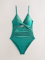 Teal Blue Metallic Cutout Tummy Control Padded Swimsuit - Image 7 of 10