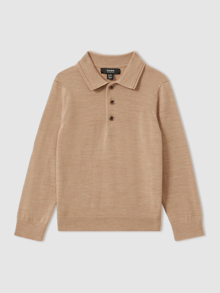 Reiss Camel Melange Trafford 9-14 yrs Merino Wool Polo Shirt - Image 2 of 4