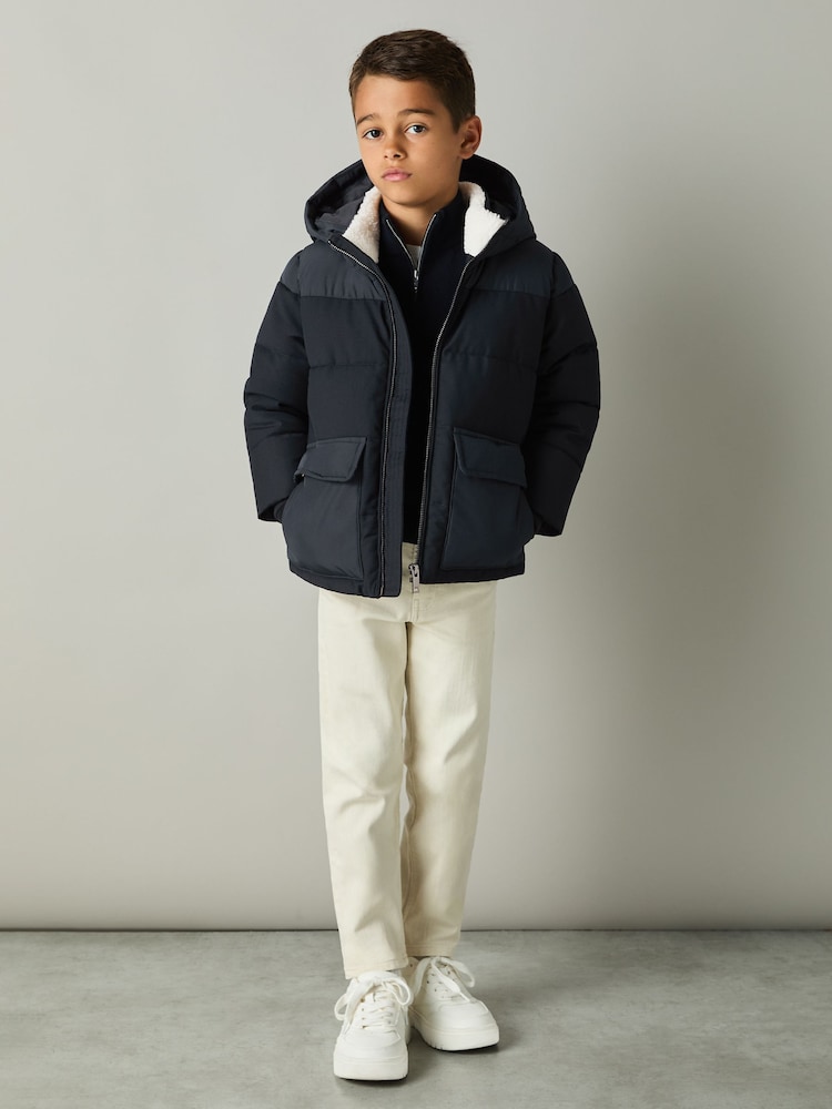 Reiss Navy Rigel 13-14 yrs Hooded Twill and Shell Puffer Jacket - Image 1 of 4