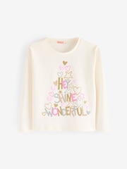 Billieblush Cream Christmas Festive Party Sequin Long Sleeve 100% Cotton T-Shirt - Image 1 of 4