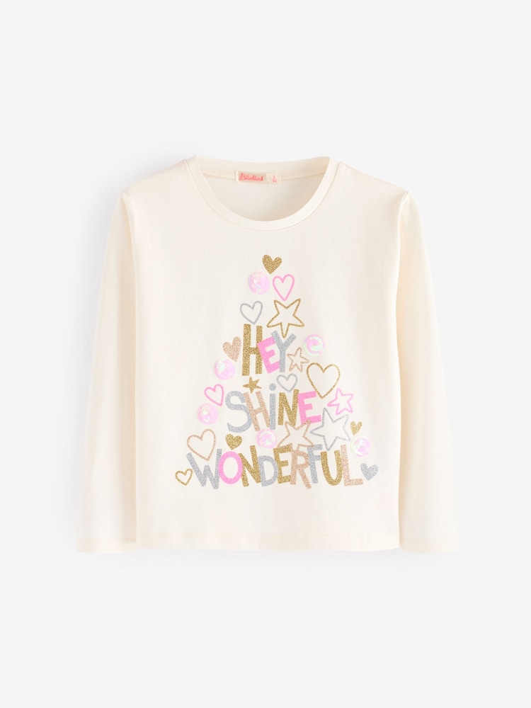 Billieblush Cream Christmas Festive Party Sequin Long Sleeve 100% Cotton T-Shirt - Image 1 of 4