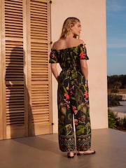 Emerald Green Off Shoulder Wide Leg 100% Cotton Jumpsuit - Image 4 of 10