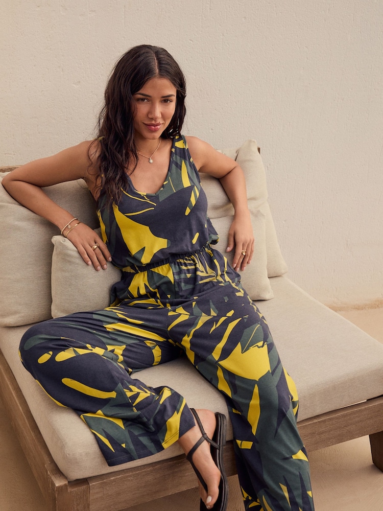 Navy/Khaki Green Jersey Wide Leg V-Neck Sleeveless Jumpsuit - Image 1 of 9