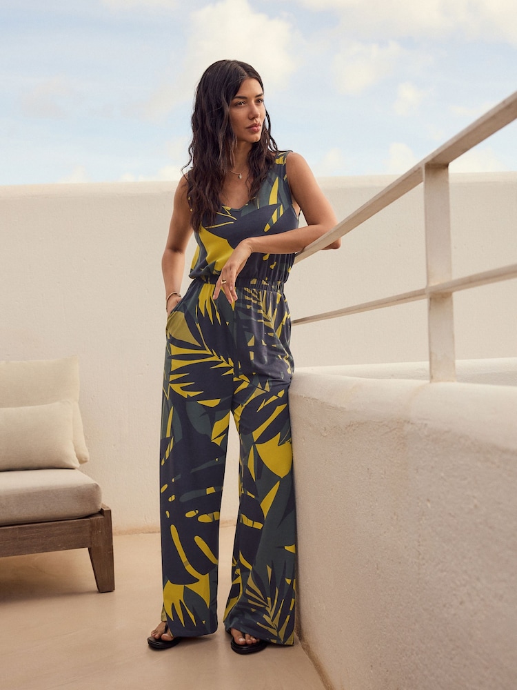 Navy/Khaki Green Jersey Wide Leg V-Neck Sleeveless Jumpsuit - Image 2 of 9