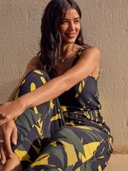 Navy/Khaki Green Jersey Wide Leg V-Neck Sleeveless Jumpsuit - Image 4 of 9