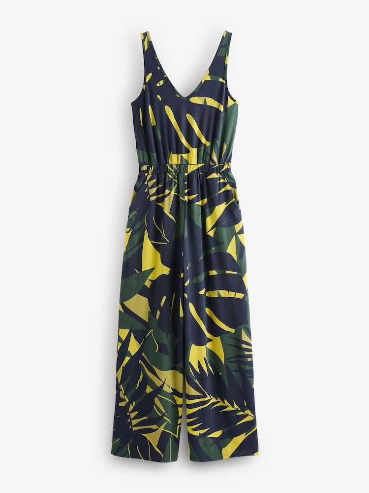 Navy/Khaki Green Jersey Wide Leg V-Neck Sleeveless Jumpsuit - Image 7 of 9