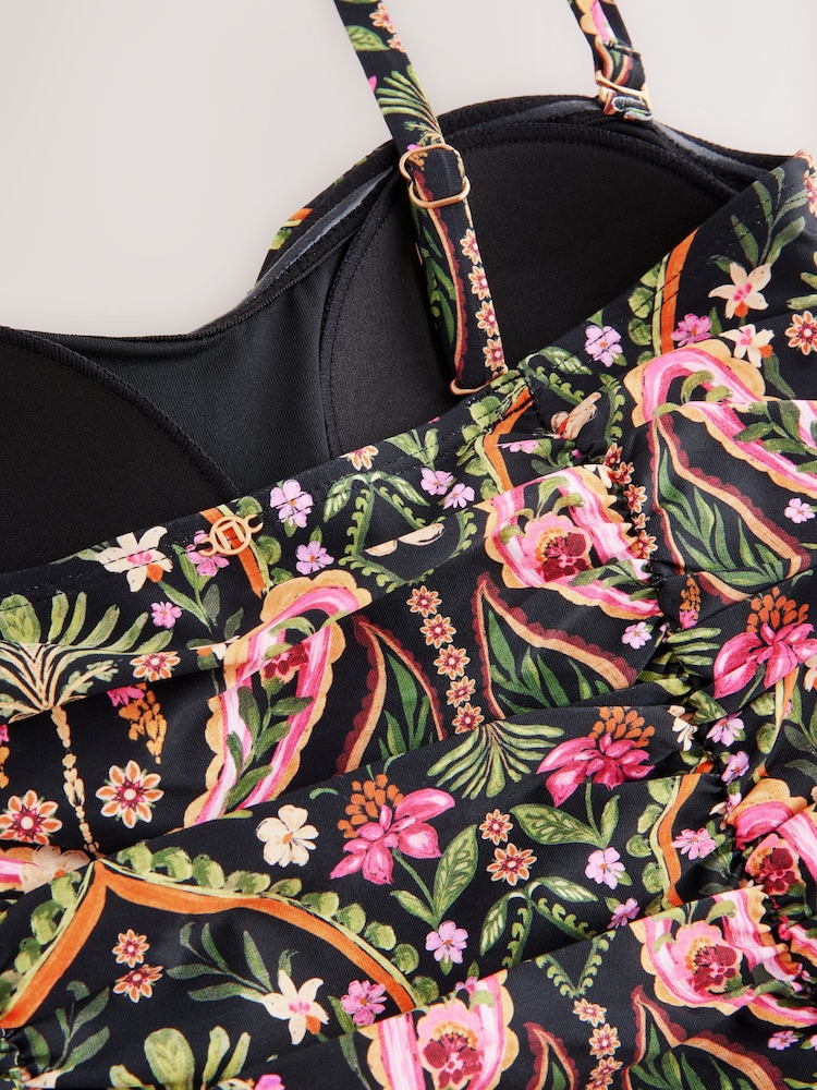 Black/Pink Paisley Shaping Tummy Control Bandeau Swimsuit - Image 9 of 9