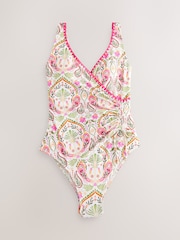 Cream/Pink Paisley Whipstitch Ruched Side Tummy Shaping Control Swimsuit - Image 7 of 9