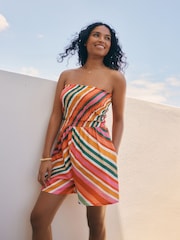 Pink/Orange Bandeau Shirred Playsuit - Image 1 of 7