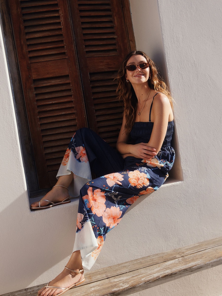 Coral/Blue Shirred Bandeau Jumpsuit - Image 2 of 8 Coral/Blue Shirred Bandeau Jumpsuit - Image 2 of 8