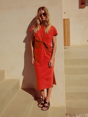 Red 100% Cotton Twist Short Sleeved T-Shirt Summer Dress - Image 1 of 5