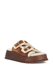 Dune London Brown Lazio Flatform Shearling Sandals - Image 1 of 5