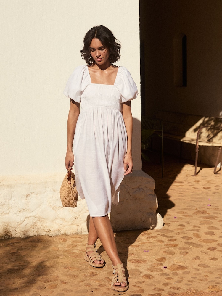 Weiß - Schulterfreies Midikleid mit Puffärmeln - Bild 1 von 11 Weiß - Schulterfreies Midikleid mit Puffärmeln - Bild 1 von 11