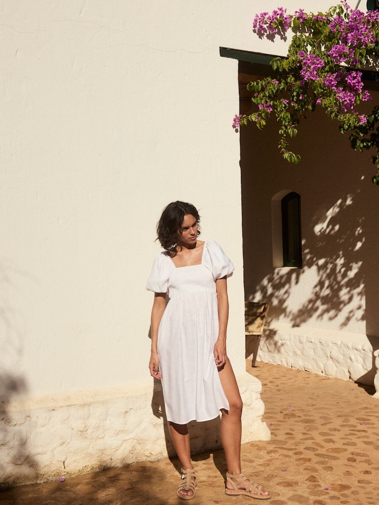 White Puff Sleeve Off Shoulder Midi Dress - Image 4 of 11