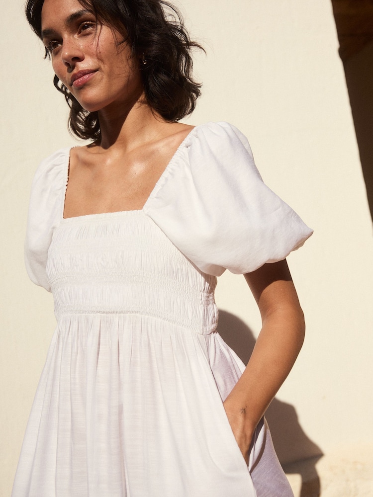 White Puff Sleeve Off Shoulder Midi Dress - Image 6 of 11