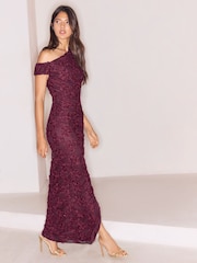 Lipsy Wine 3D Textured Off The Shoulder Gathered Waist Maxi Dress - Image 4 of 5