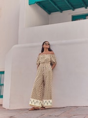 Khaki Green Off Shoulder Wide Leg Jumpsuit - Image 1 of 9