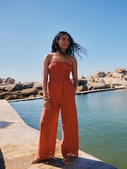 Rust Brown Shirred Wide Leg 100% Cotton Jumpsuit - Image 1 of 1