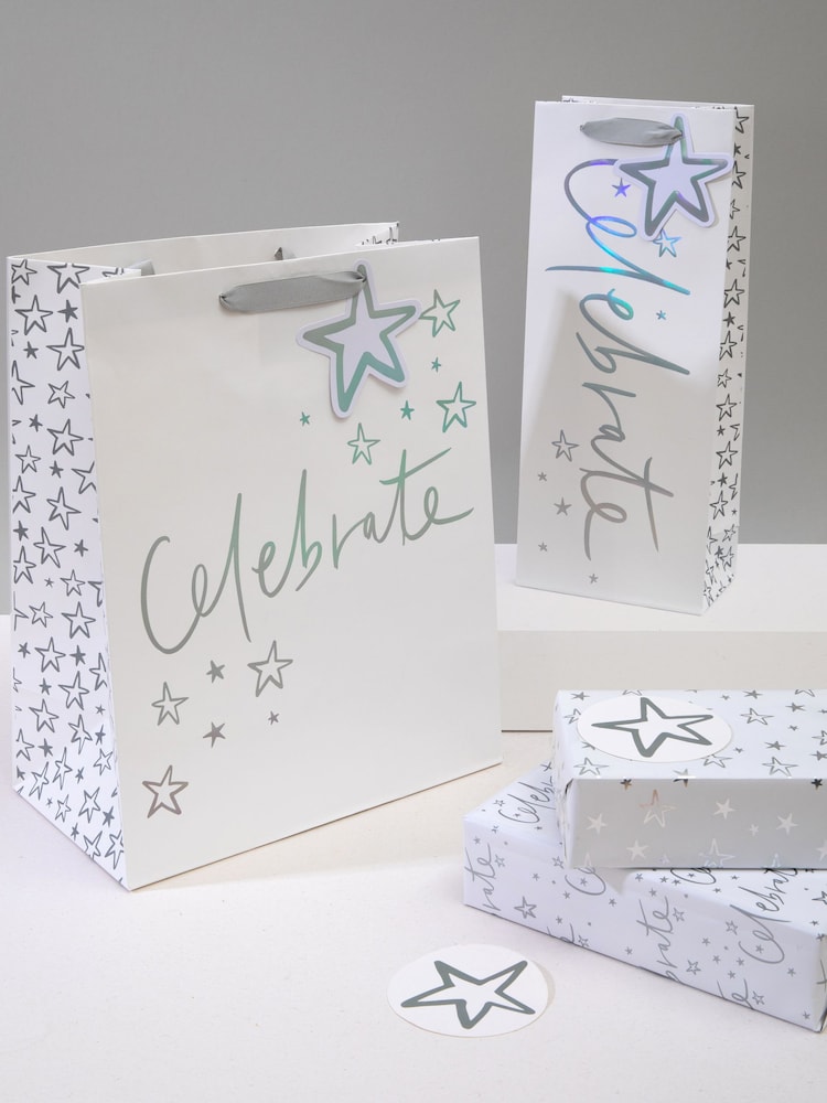 Hallmark White Celebration Gift Bag, Bottle Bag And Gift Wrap Set - Image 1 of 4