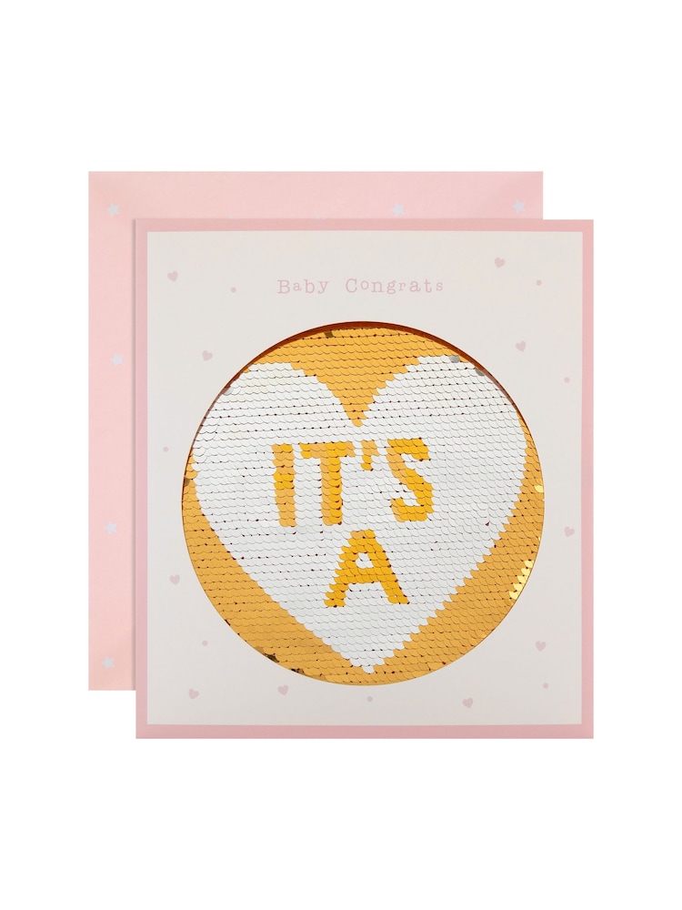 Hallmark Pink New Baby Reversible 'It's A Girl' Sequin Card - Image 2 of 4