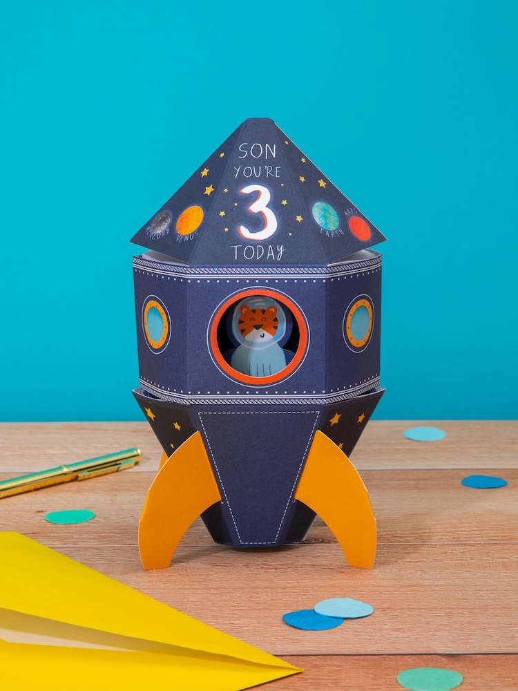Hallmark Blue 3rd Birthday Card for Son 3D Pop-Up Rocket - Image 1 of 4