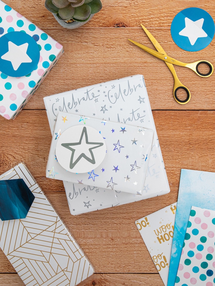 Hallmark White Celebration Gift Wrap 6 Sheets 6 Tags 3 Designs Set - Image 1 of 4