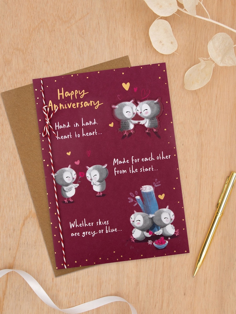 Hallmark Burgundy Red Illustrated Owl Design Anniversary Card with Verse - Image 1 of 4