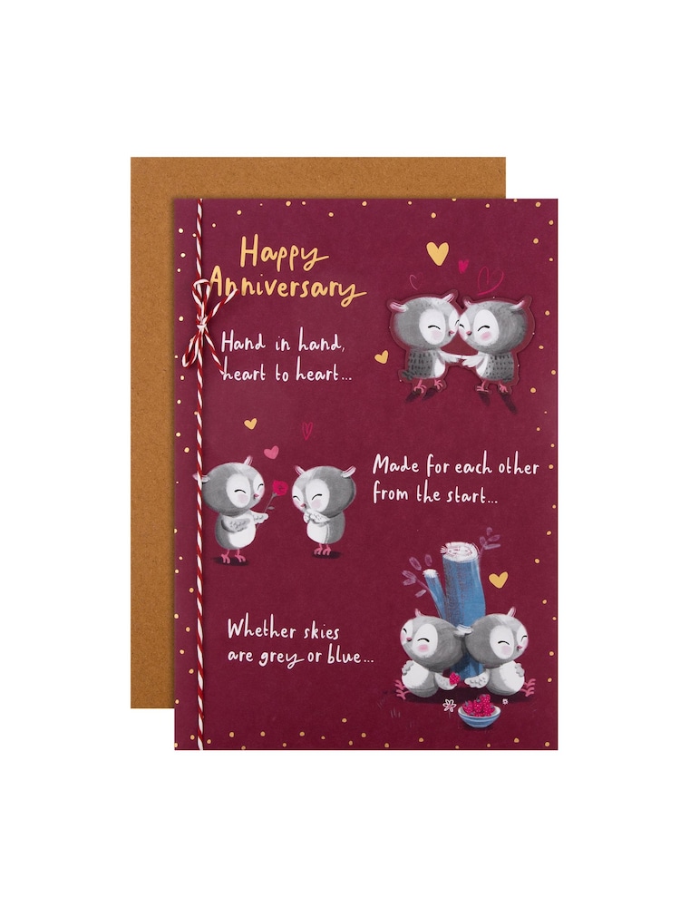 Hallmark Burgundy Red Illustrated Owl Design Anniversary Card with Verse - Image 2 of 4