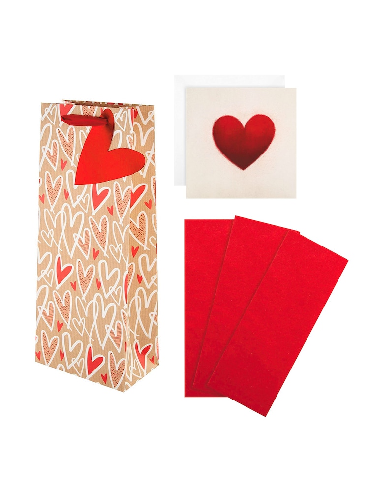 Hallmark Red Heart Design Bottle Bag, Tissue And Card Set - Image 2 of 4