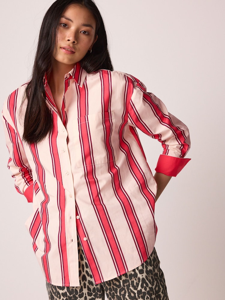 Red/Ecru Stripe Oversized 100% Cotton Shirt - Image 1 of 5