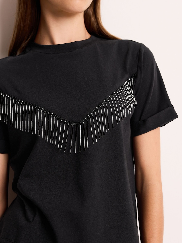 Black Embellished Western Cowboy Fringe T-Shirt - Image 3 of 5