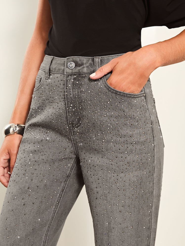 Lipsy Grey Diamante Mid Rise Wide Leg Jeans - Image 1 of 1