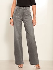 Lipsy Grey Diamante Mid Rise Wide Leg Jeans - Image 1 of 4