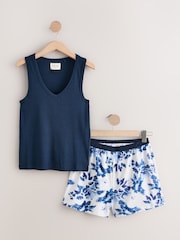 Blue Floral Cotton Rib Vest Short Set Pyjamas - Image 1 of 3